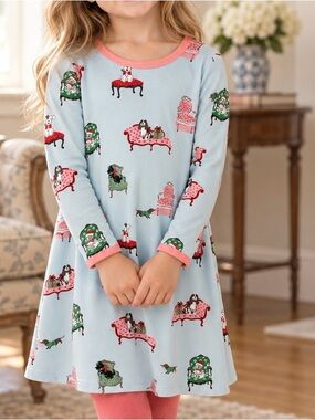 Light Blue Girls Nightgown with Dog & Sofa Print and Pink Trim